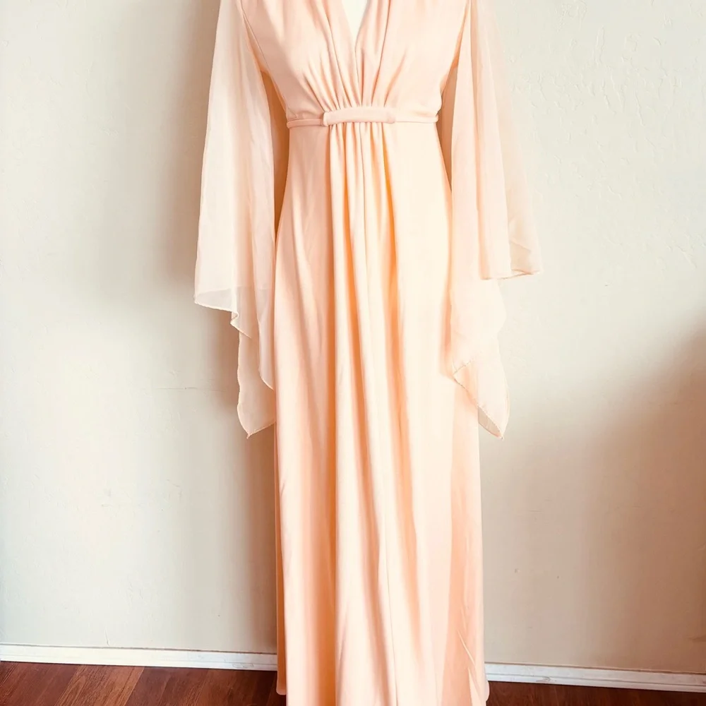 Vintage 1970s Peach Angel Wing Sleeve Deep V-neckline Empire Waist Maxi Dress - Picture 12 of 15